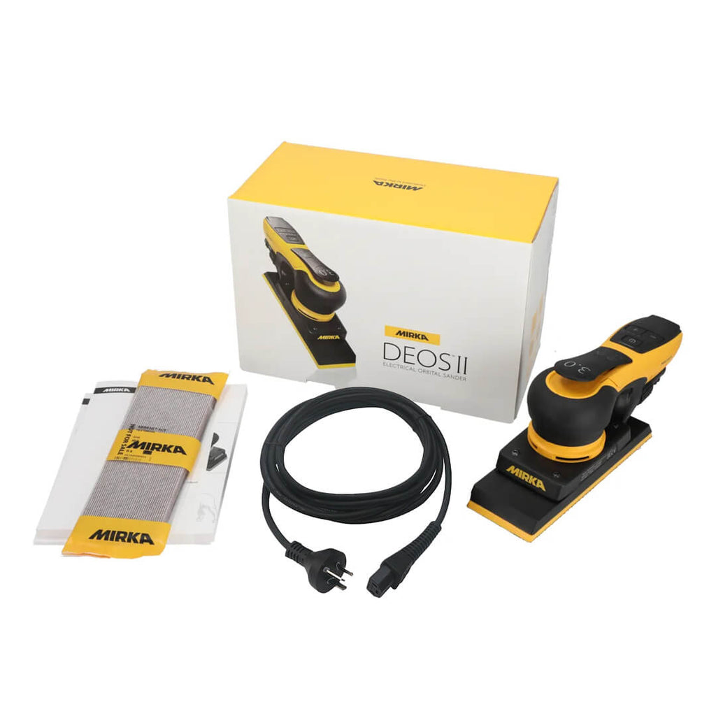 Mirka DEOS II 383CV 70x198mm kit with storage box, power cable, and Abranet sanding sheets