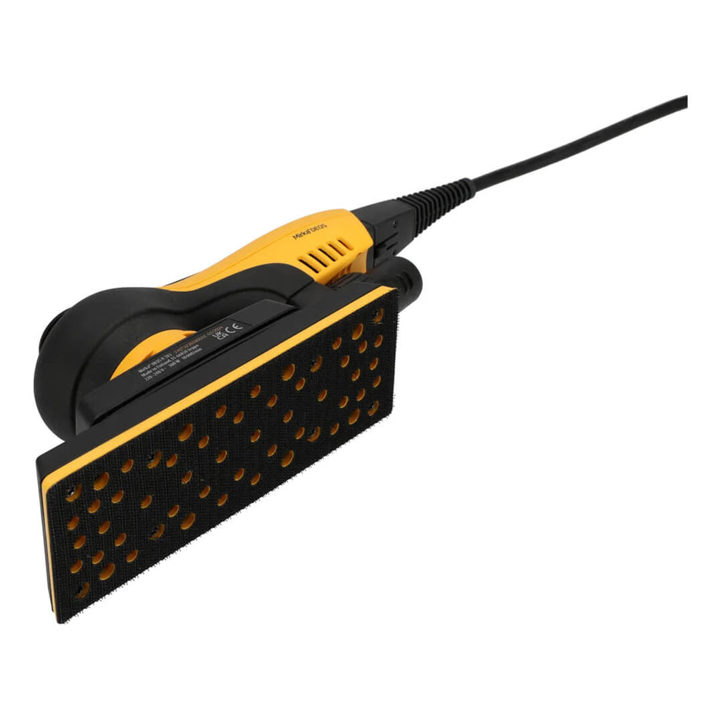 Underhead view of the Mirka DEOS II showing the multi-hole 70x198mm backing pad for dust extraction