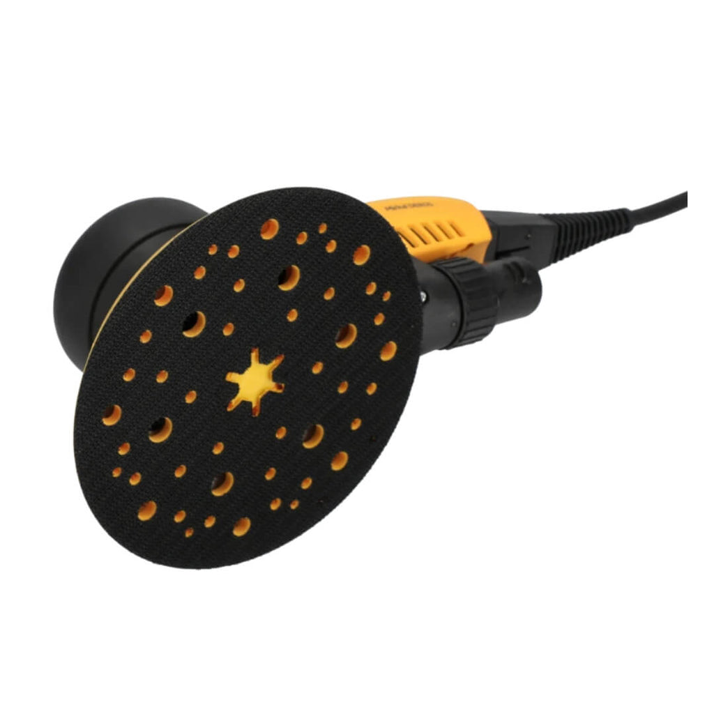Multi-hole backing pad on Mirka DEROS II for high-performance dust-free sanding