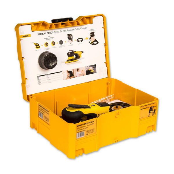 Mirka DEROS II 5650CV sander and accessories organised in a heavy-duty yellow case