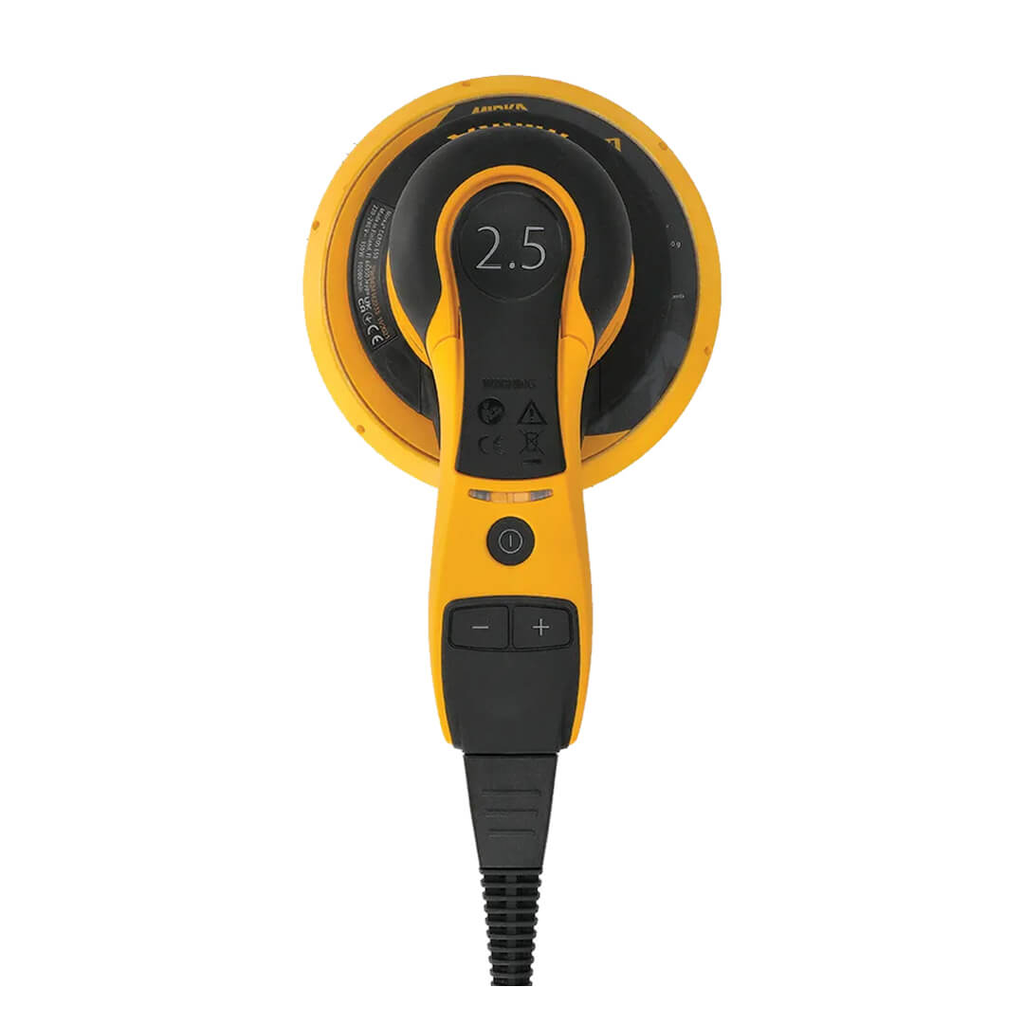 Top view of Mirka DEROS 625CV showing symmetrical design and speed control buttons