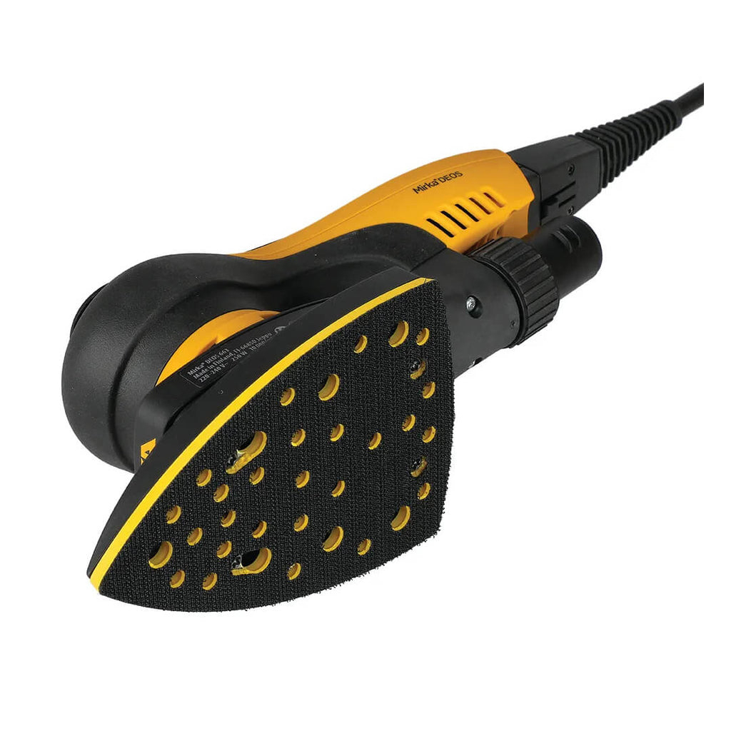 Multi-hole triangular backing pad on Mirka DEOS II Delta for efficient dust extraction