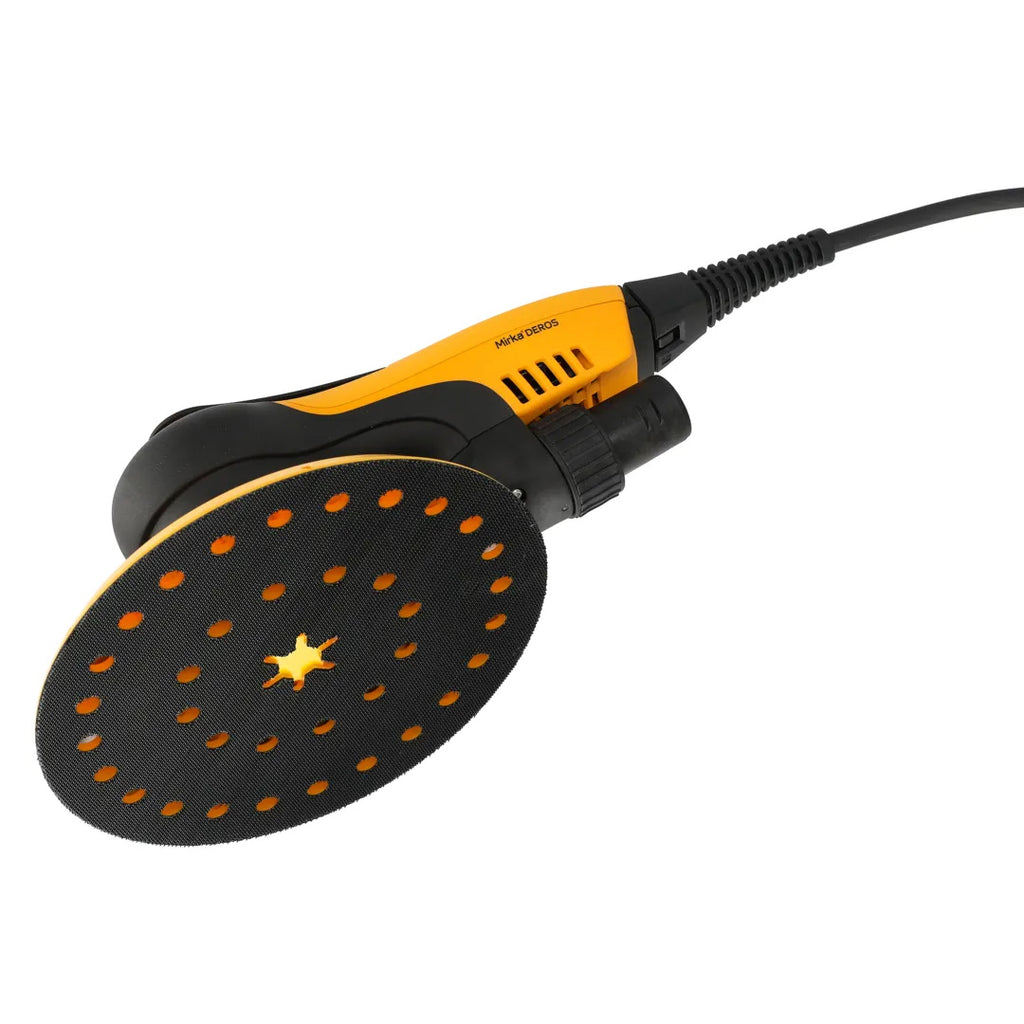 Underhead view of the Mirka DEROS II 750 showing the 175mm multi-hole backing pad