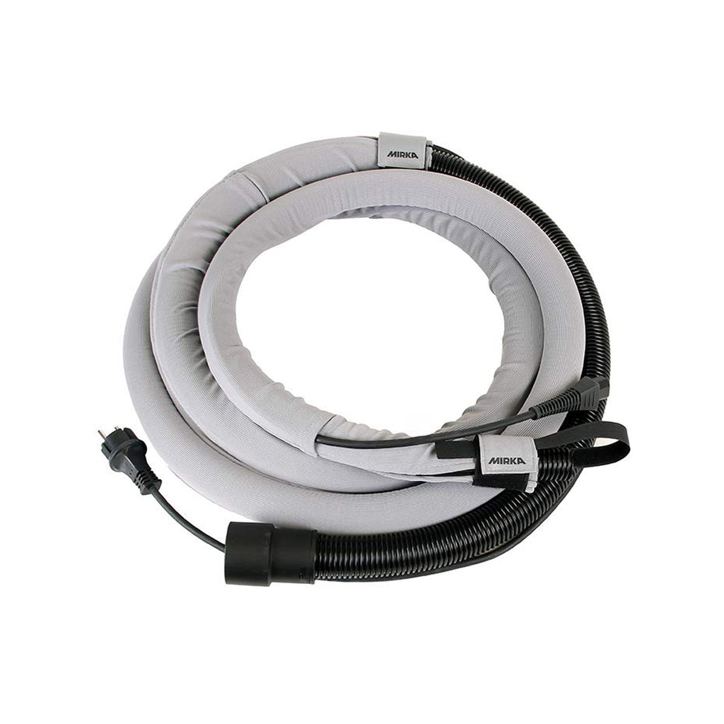 Coiled Mirka 3.5m protective sleeve with velcro straps for hose and cable management