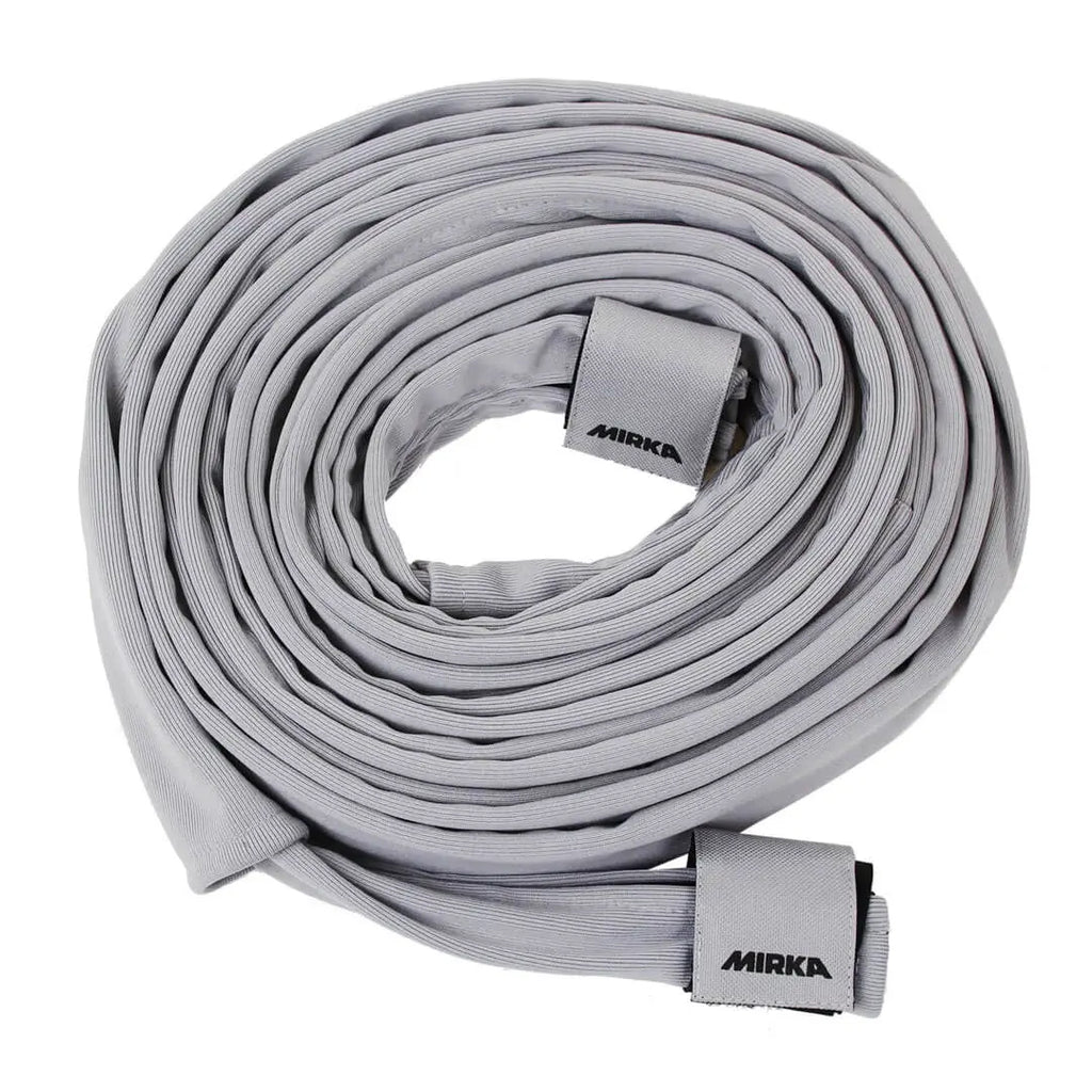 Soft gray Mirka hose attachment, 9.8 m long, designed to protect wooden surfaces from scratches