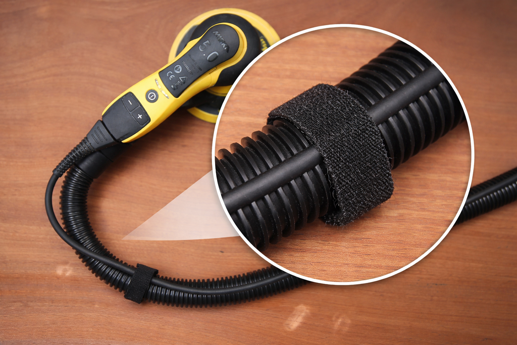 Close-up of Mirka velcro strap neatly bundling an electric cable and extraction hose