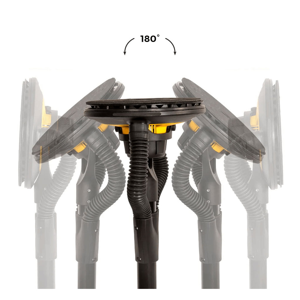 Diagram showing the 180-degree pivoting head of the Mirka LEROS for ergonomic sanding