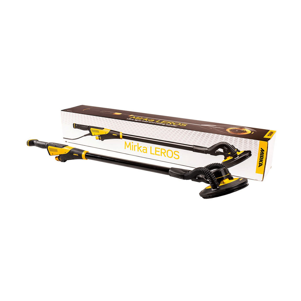Mirka LEROS wall sander and retail packaging featuring high-performance brushless motor