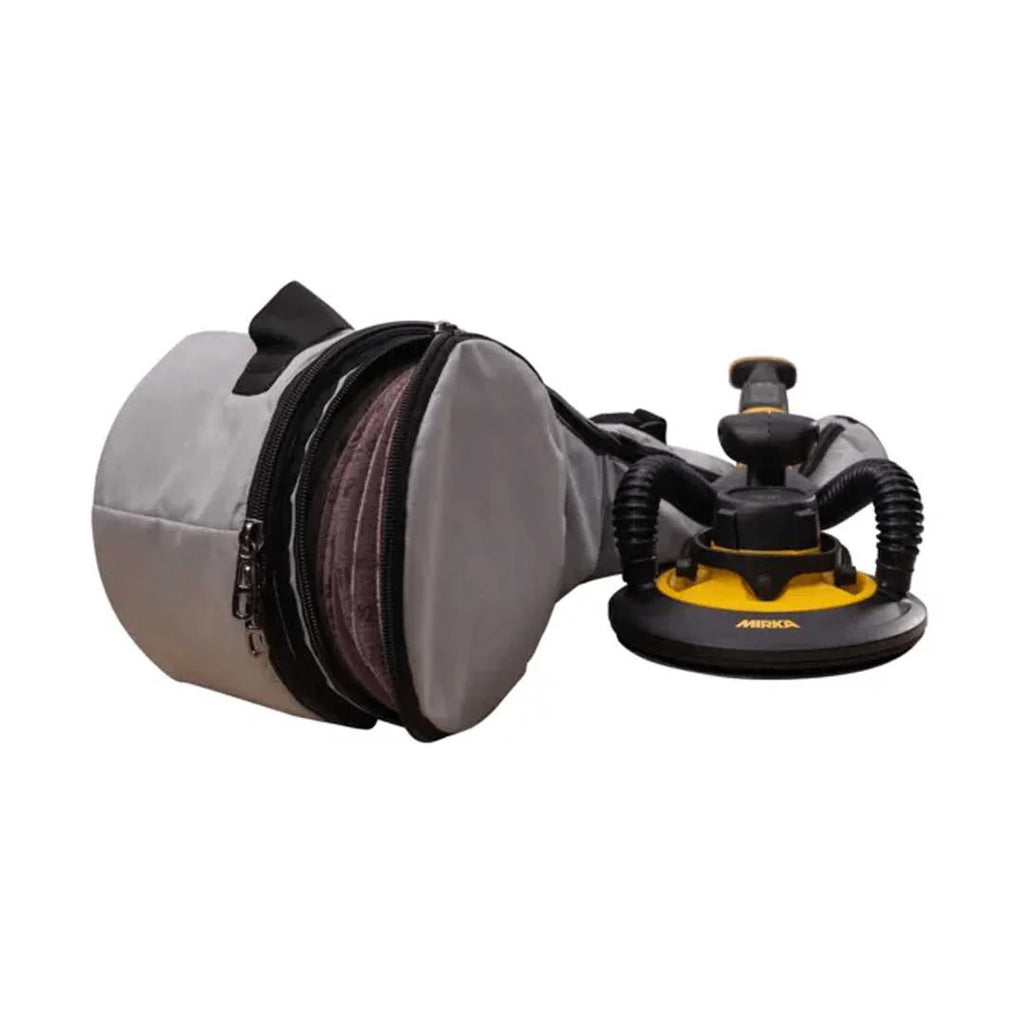 Mirka LEROS-S sander stored in a grey carry bag with sanding discs