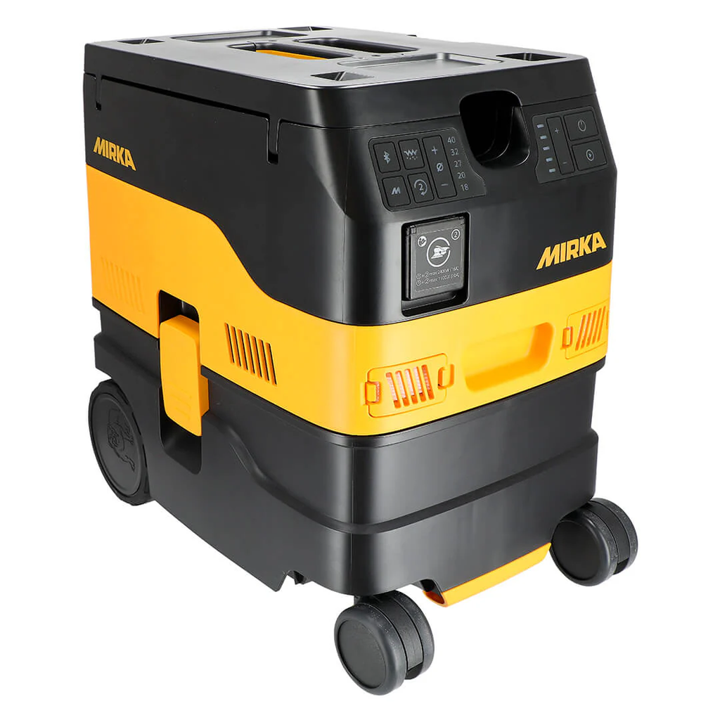 Angled studio view of Mirka DEXOS 1217 M AFC showing compact design and controls