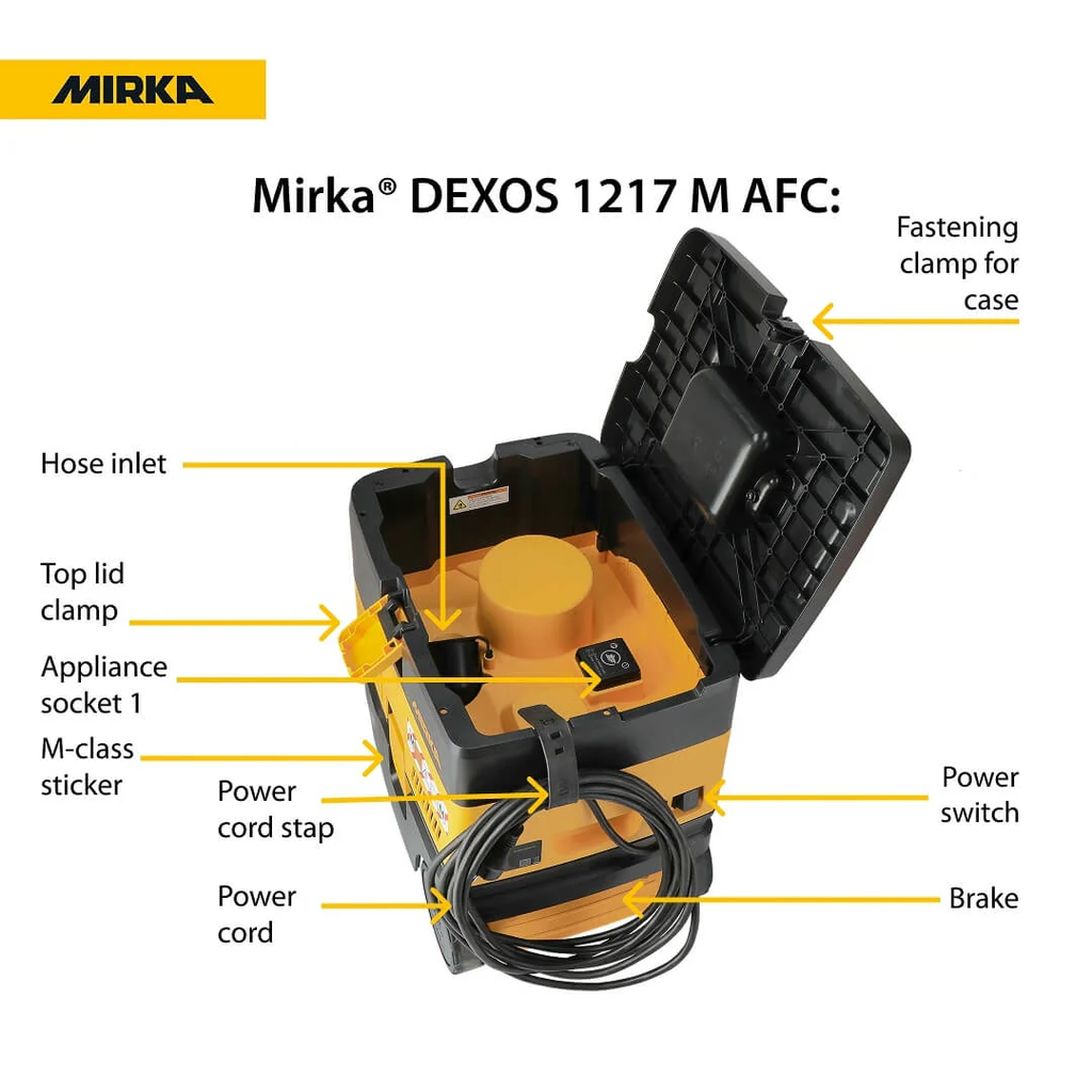 Mirka DEXOS 1217 M AFC dust extractor with open lid showing built-in hose storage