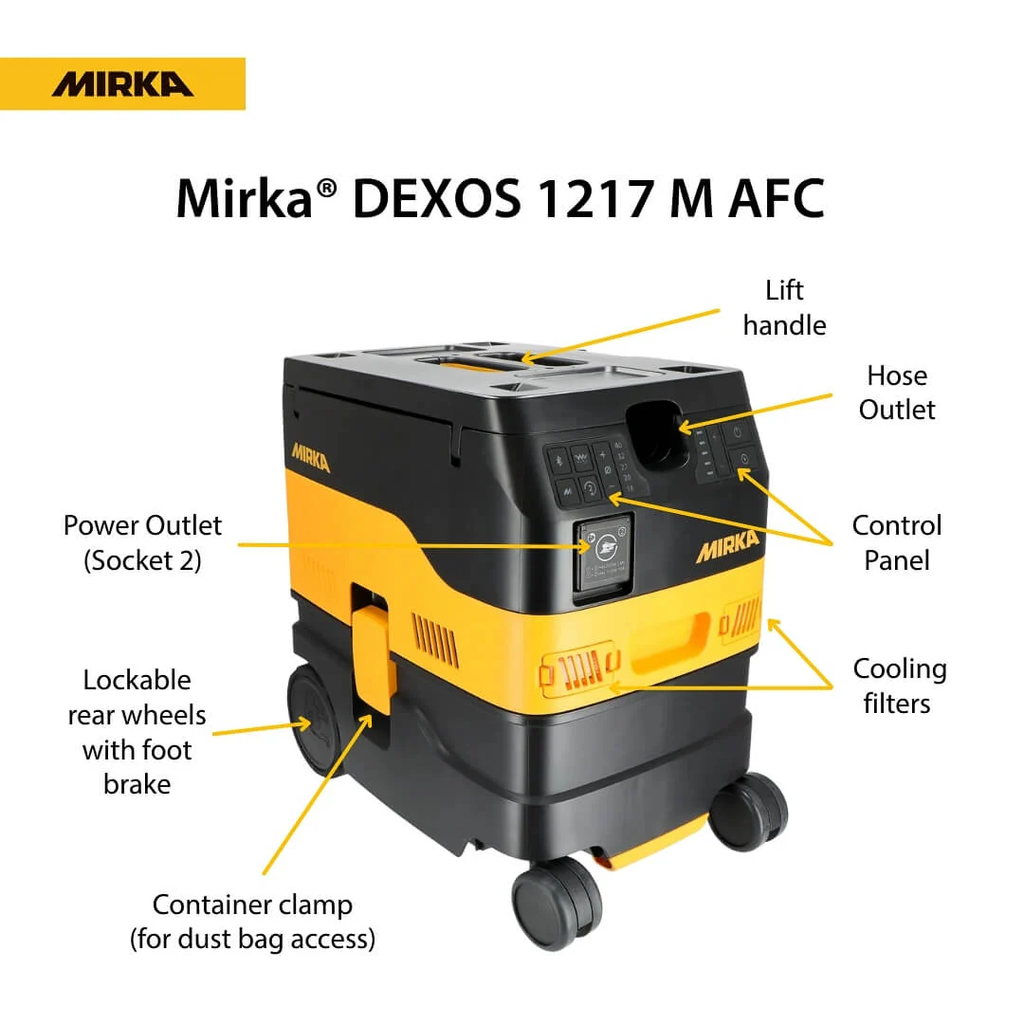 Mirka DEXOS 1217 M AFC mobile dust extractor with control panel and power outlet