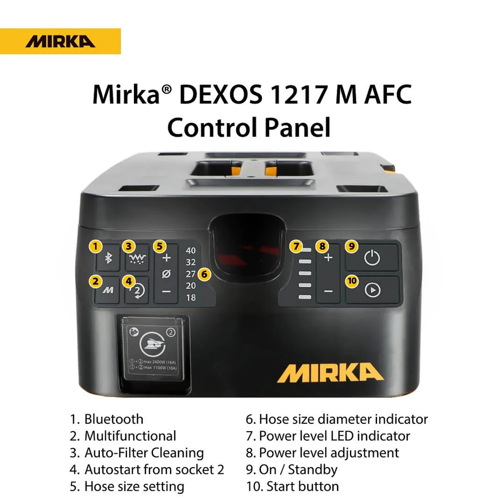 Control panel of Mirka DEXOS 1217 M AFC with Bluetooth and auto filter cleaning settings