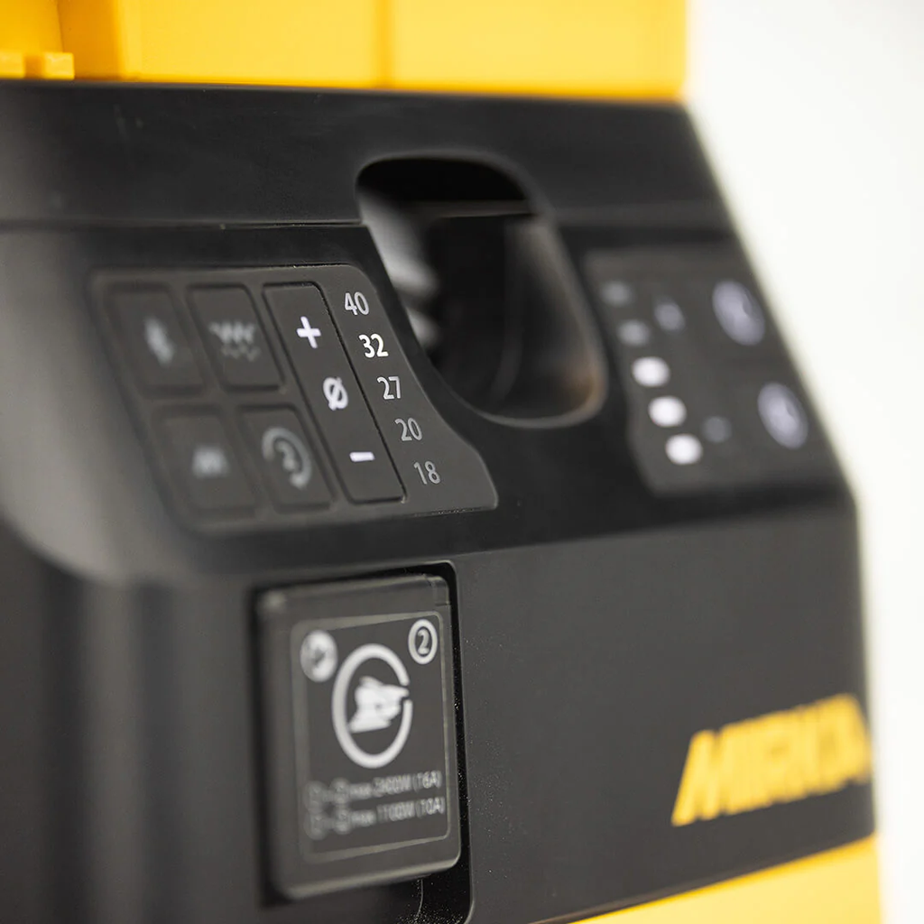 Close up of power outlet on Mirka DEXOS 1217 M AFC for connecting power tools