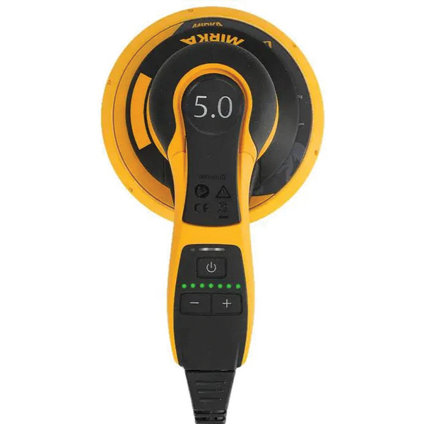Top view of Mirka DEROS II showing 5.0mm orbit marking and new LED speed indicators