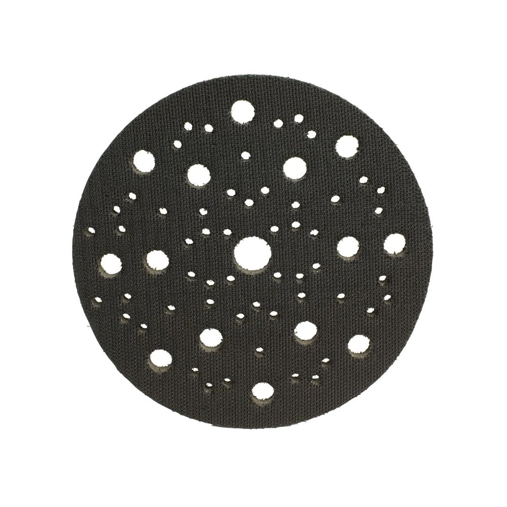 Top view of a 150mm Mirka interface pad featuring an extensive 67-hole pattern