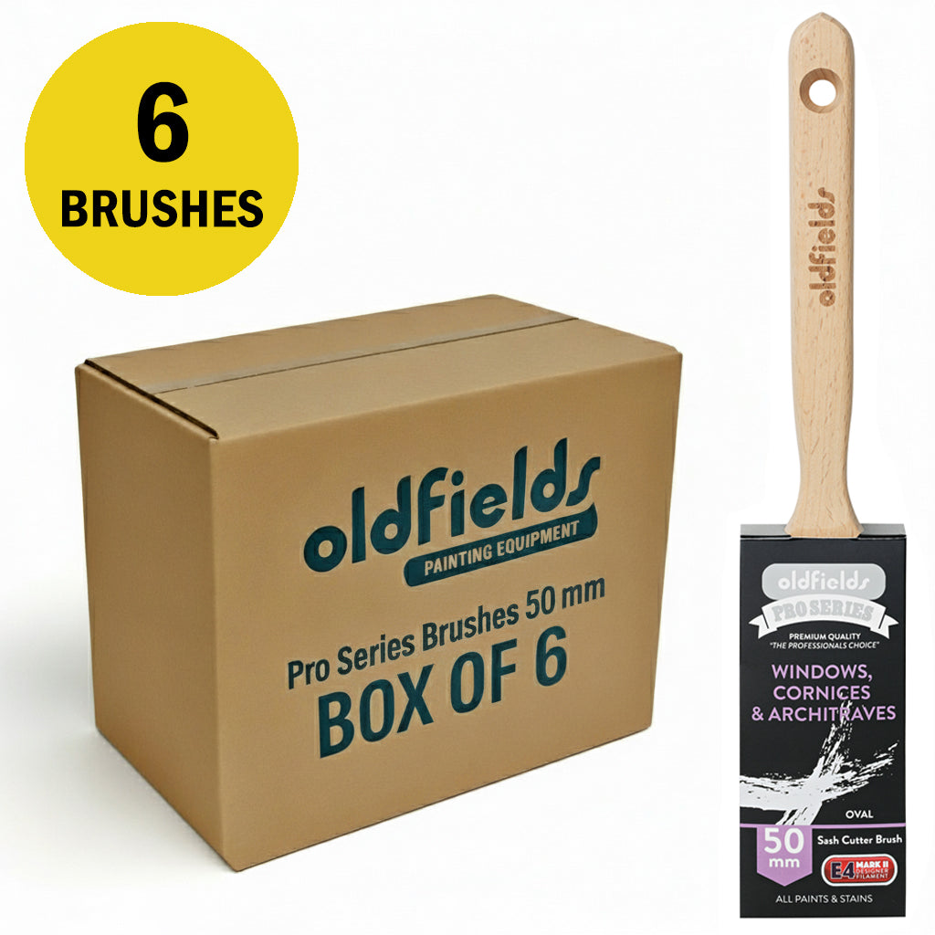 Trade pack of 6 Oldfields 50mm Oval Sash Cutter brushes in a professional supply box