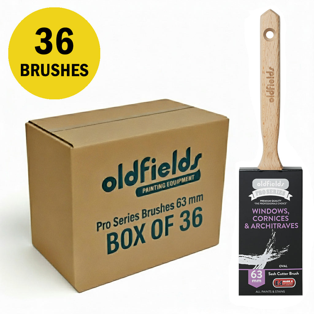 Trade supply box containing 36 Oldfields 63mm oval sash cutter brushes for contractors