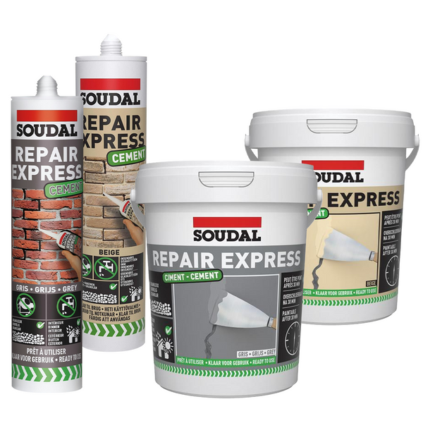 Soudal Repair Express Cement range in cartridges and tubs, Grey and Beige colors
