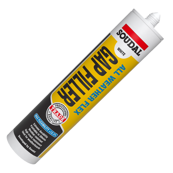 Soudal All Weather Flex 300ml white acrylic gap filler with 12.5% flexibility for trade use