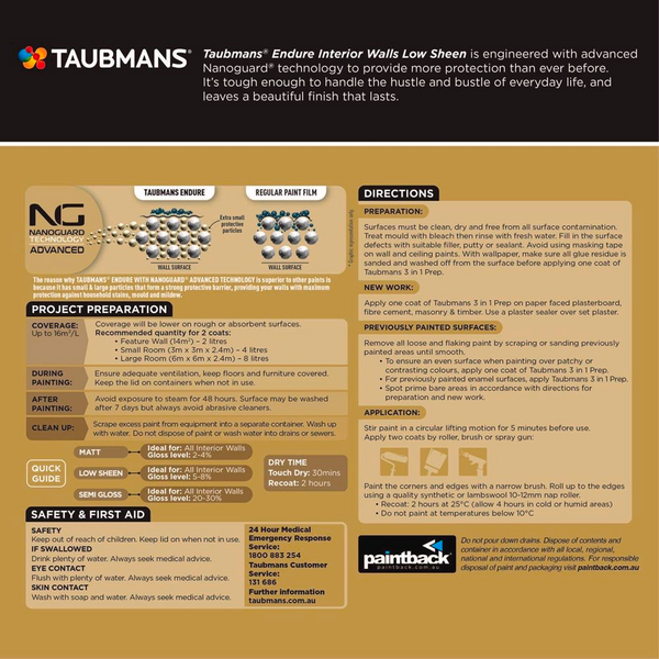 Endure Low Sheen White - 4L - Interior Wall Paint 124100/4L