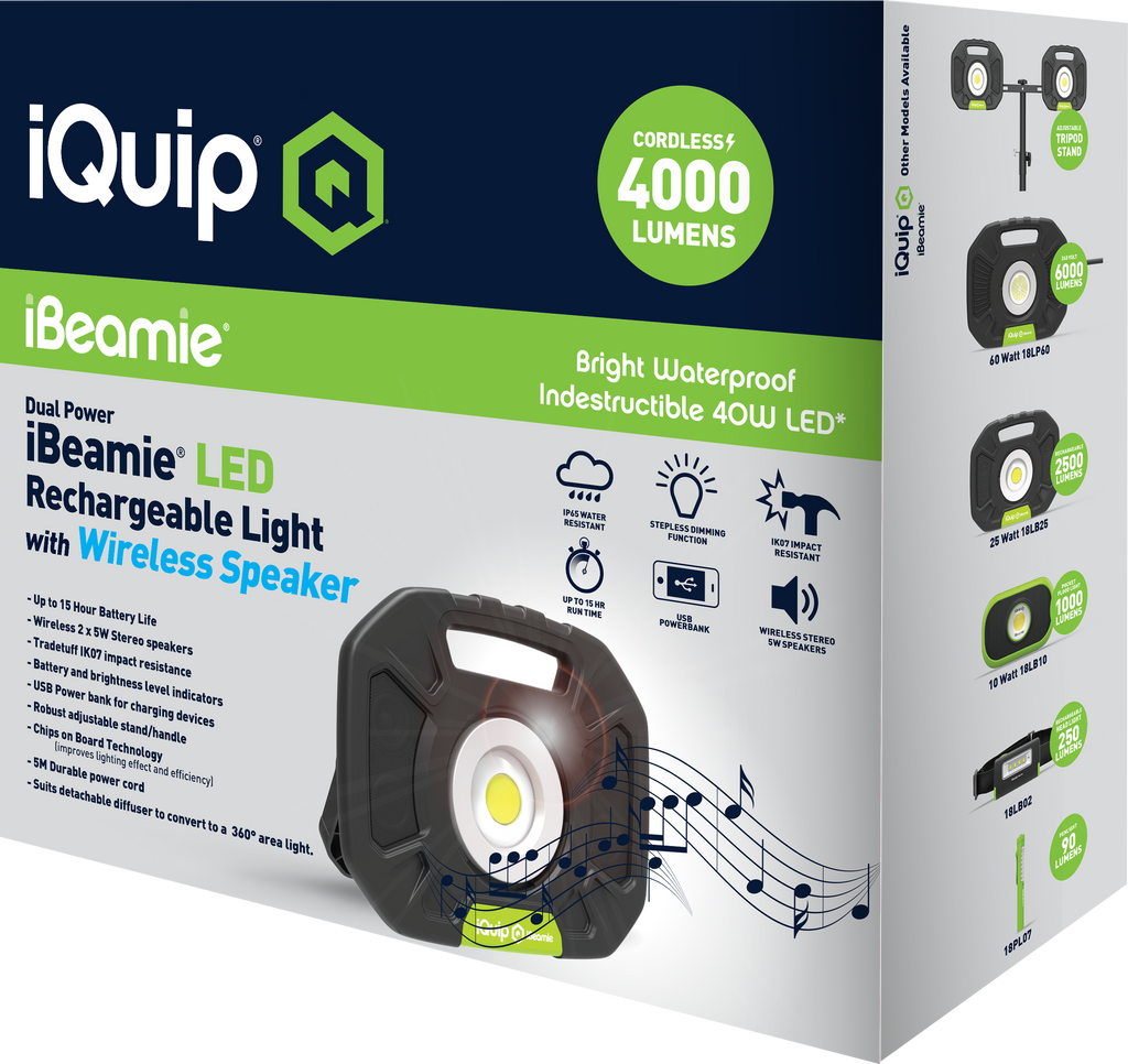 iQuip iBeamie LED Cordless Portable Light 40w with Bluetooth Speaker 18LB40S