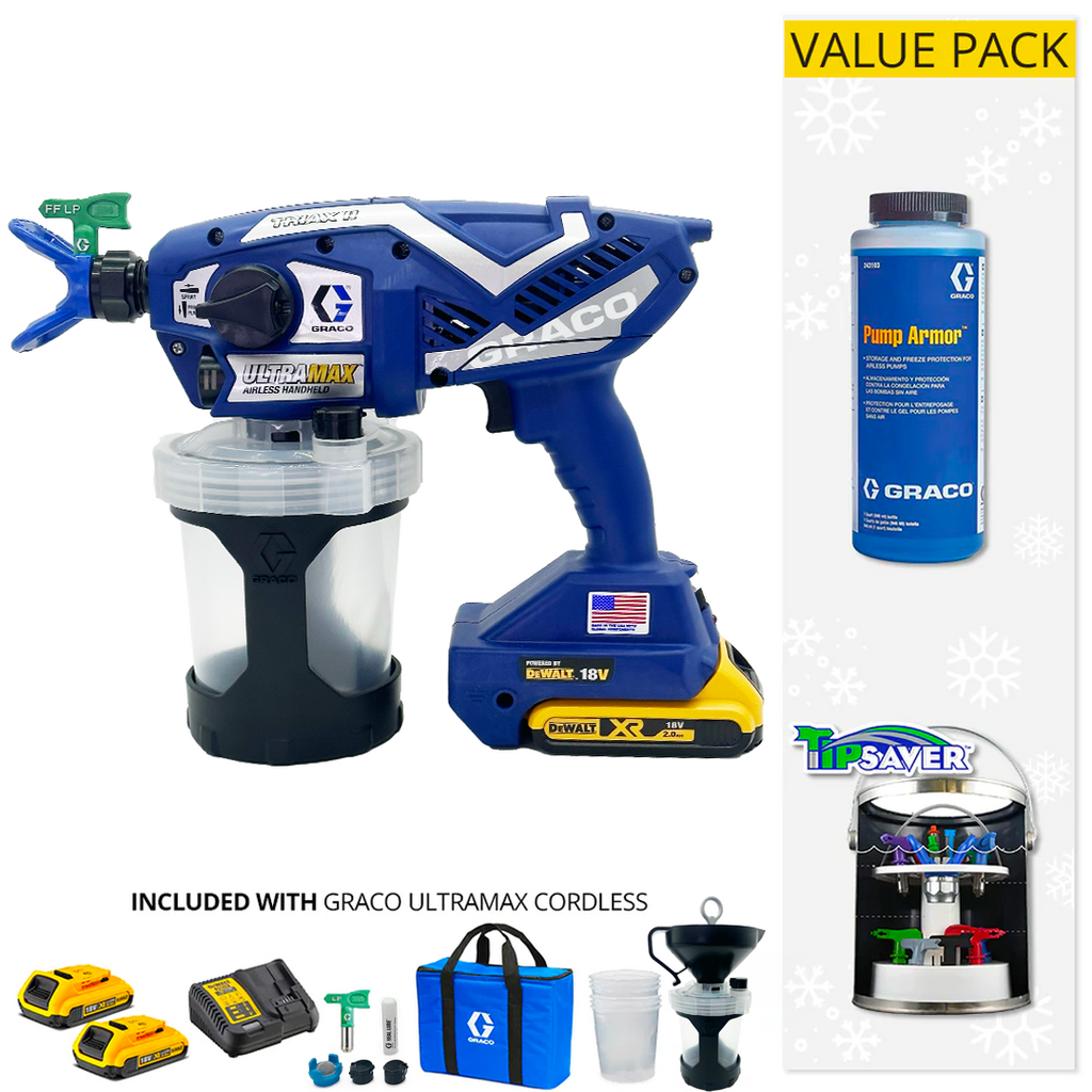Graco Ultra MAX Cordless Airless Handheld Sprayer with DeWalt Battery Water and Oil Based Paints (17N225) with Value Pack