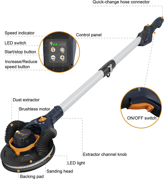 MaxXT 4mm Random Orbital Drywall Sander, 350W brush less motor, dual-mode vacuuming for more efficient
