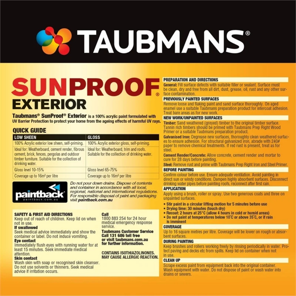 Taubmans Sunproof Low Sheen 10L Self Priming 113200/10L