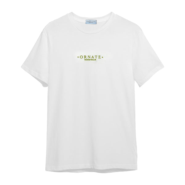 Ornate White T-shirt with Khaki Green Embroidered Logo