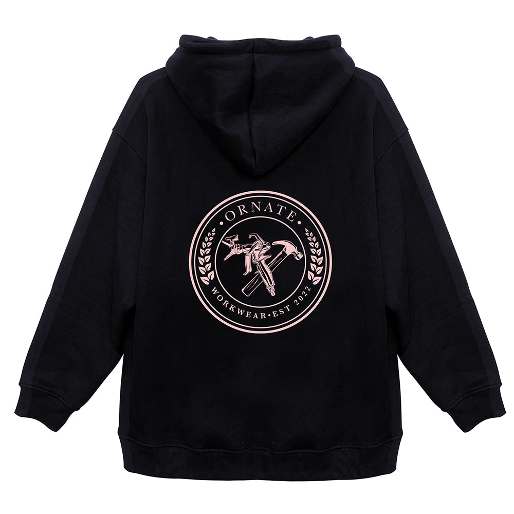 Ornate Black Hoodie with Pink Logo