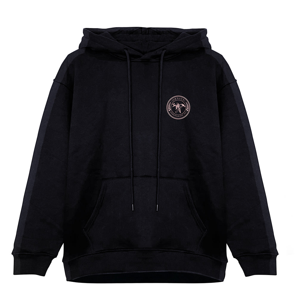 Ornate Black Hoodie with Pink Logo