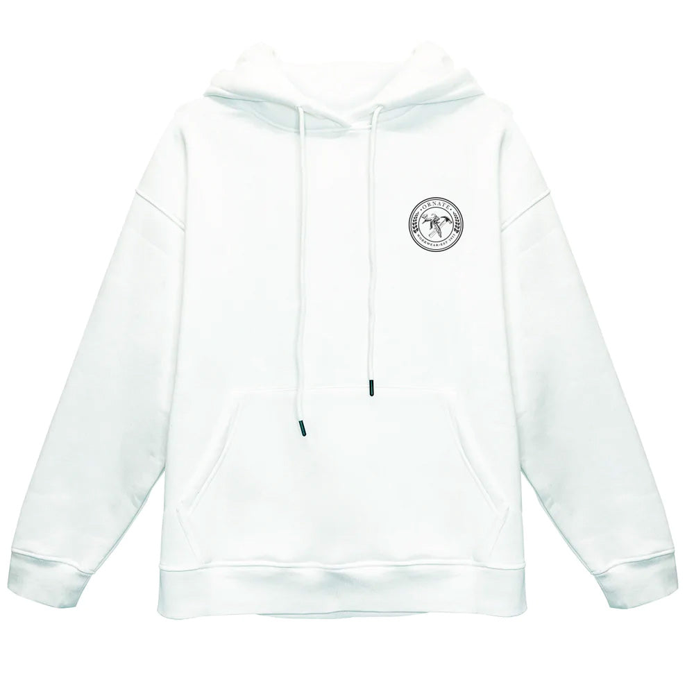 Ornate White Hoodie with Black Logo