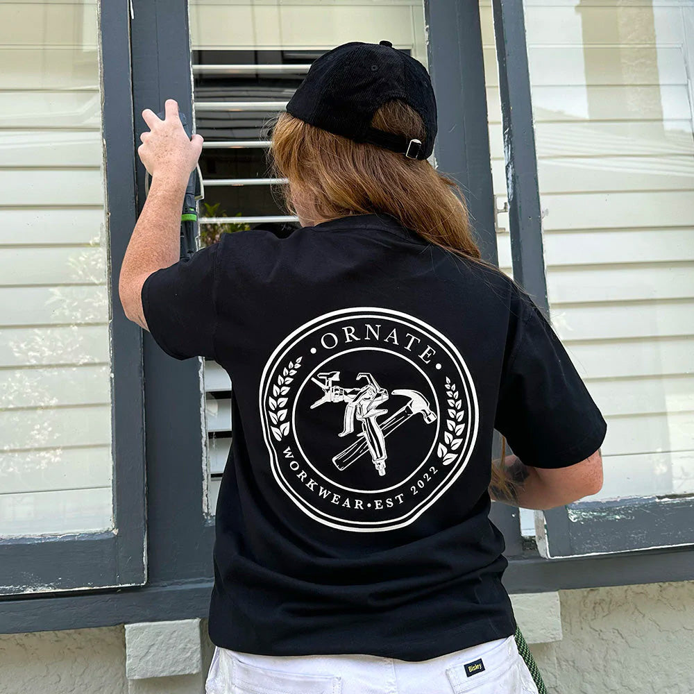 Ornate White T-shirt with Black Print Logo