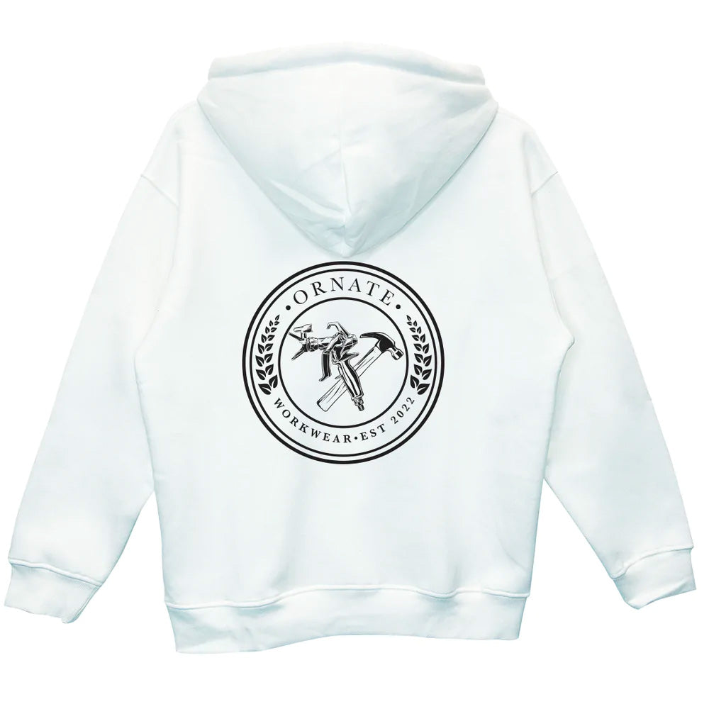 Ornate White Hoodie with Black Logo