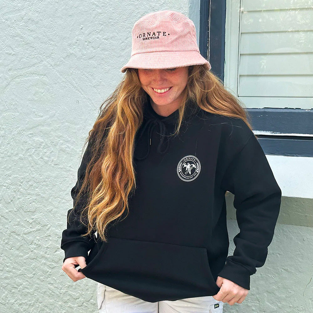 Ornate Black Hoodie with Pink Logo