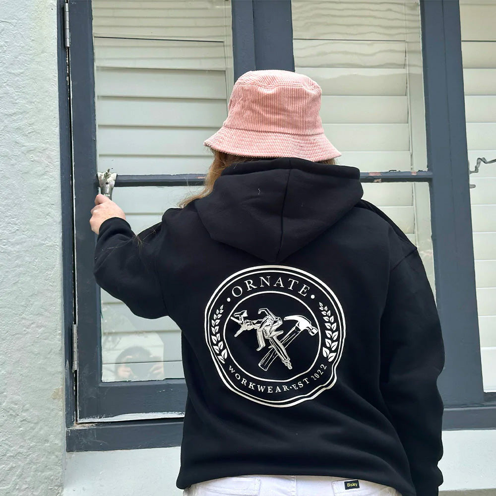 Ornate Black Hoodie with White Logo