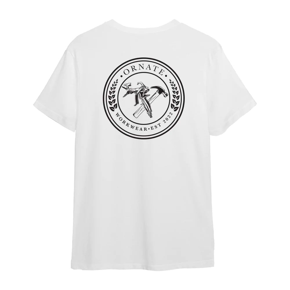 Ornate White T-shirt with Black Print Logo