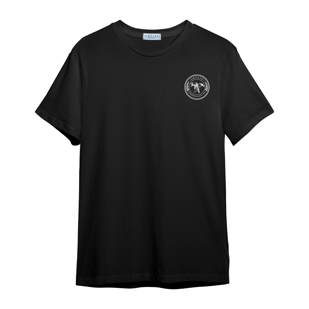 Ornate Black T-shirt with White Print Logo