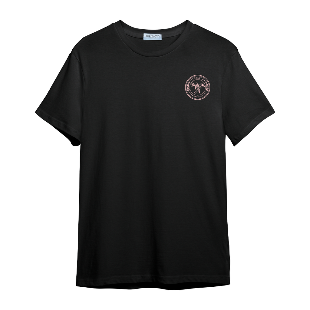 Ornate Black T-shirt with Pink Print Logo