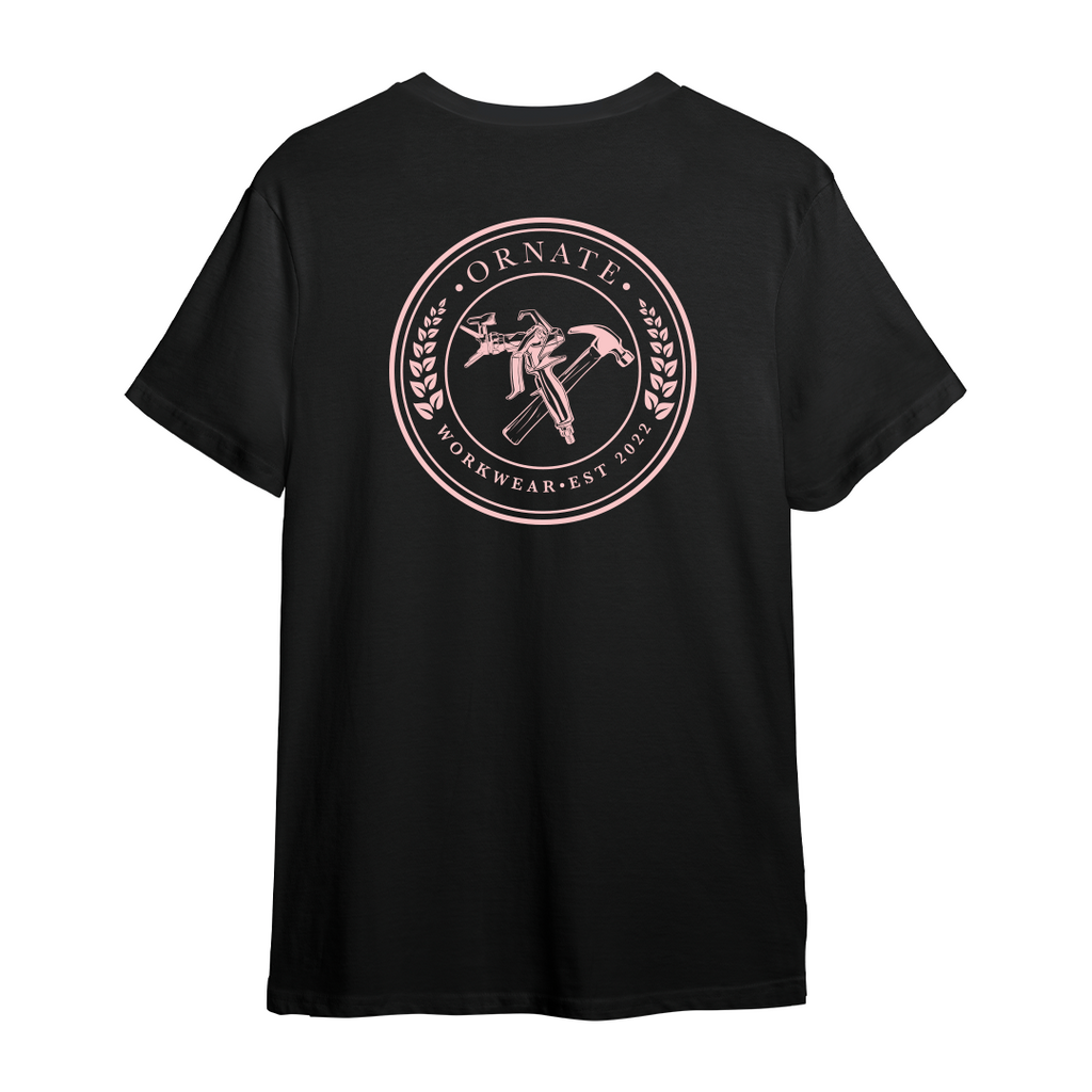 Ornate Black T-shirt with Pink Print Logo