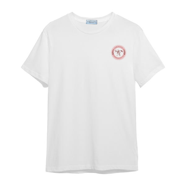 Ornate White T-shirt with Pink Print Logo